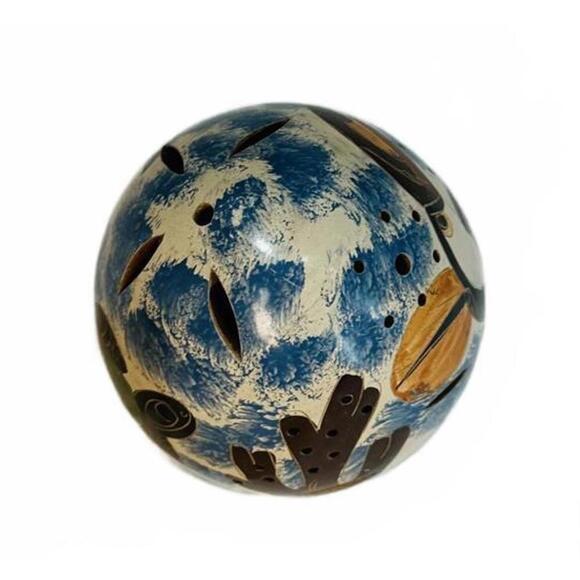 Handmade Costa Rican Ceramic Candle Holder with Turtle & Bird Motifs Egg Shaped